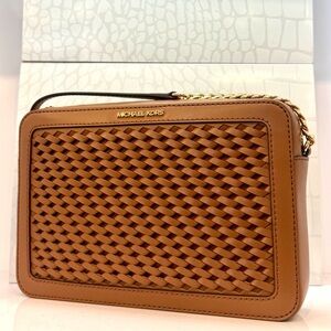 Michael Kors Jet Set Large Woven Crossbody Bag Luggage Brown